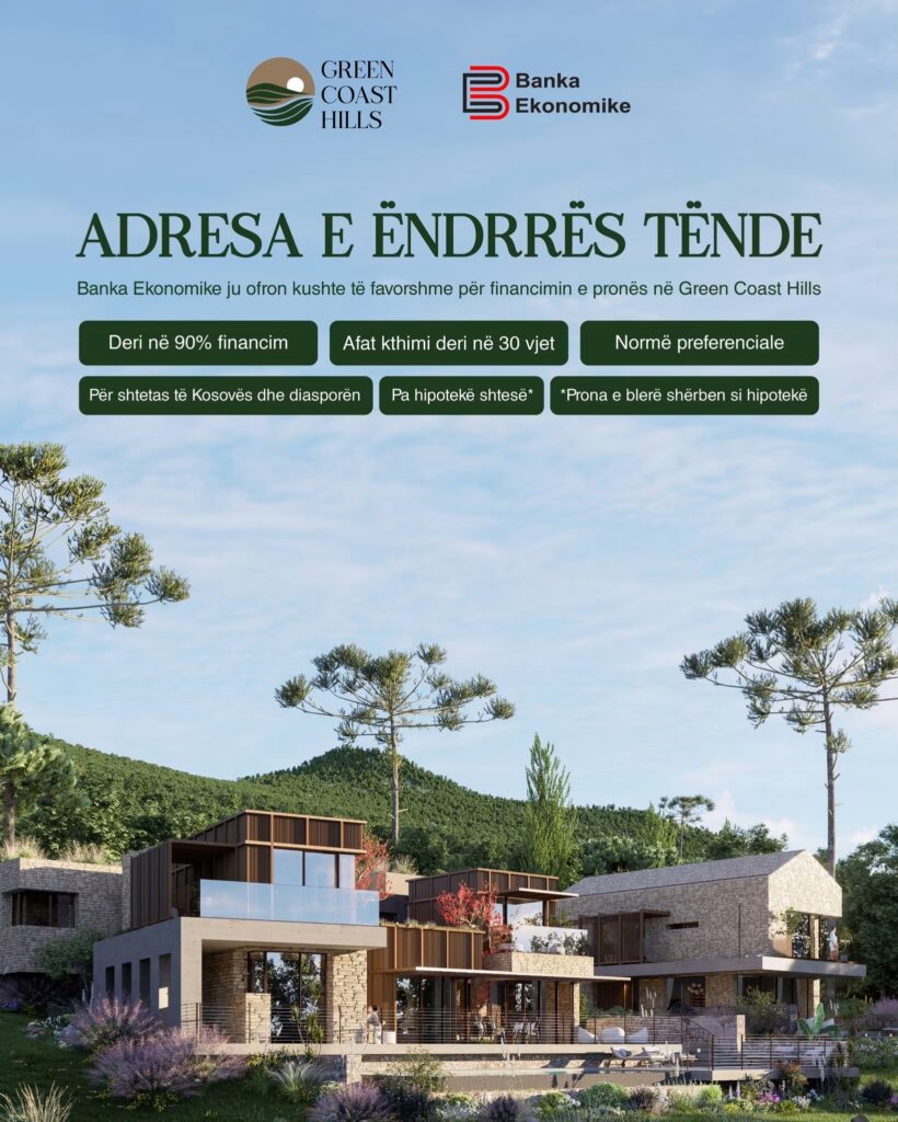Çdo ëndërr ka një adresë, Bankën Ekonomike!Një shtëpi është një pronë, por është edhe vendi ku lindin kujtimet, ku ndërtohet e ardhmja dhe ku realizohen ëndrrat.Me Bankën Ekonomike, ëndrra për të pasur shtëpinë tuaj në Green Coast Hills është më afër se kurrë!